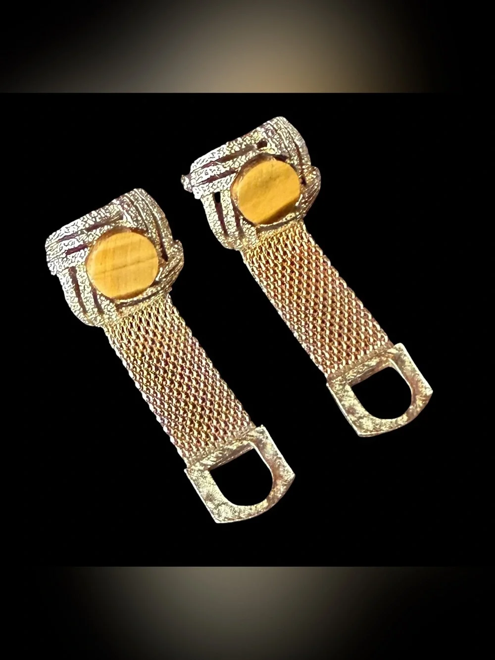 Mid Century Vintage Cuff Links w/ Tiger Eye Gemstones & Mesh Band
